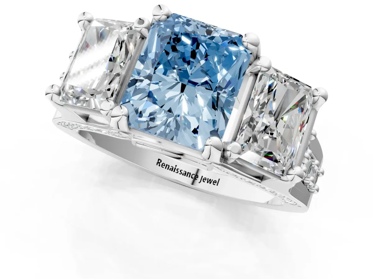 Fancy Blue Radiant Cut Diamond Three-Stone Ring with Channel Set Band and Four-Prong Setting Platinum