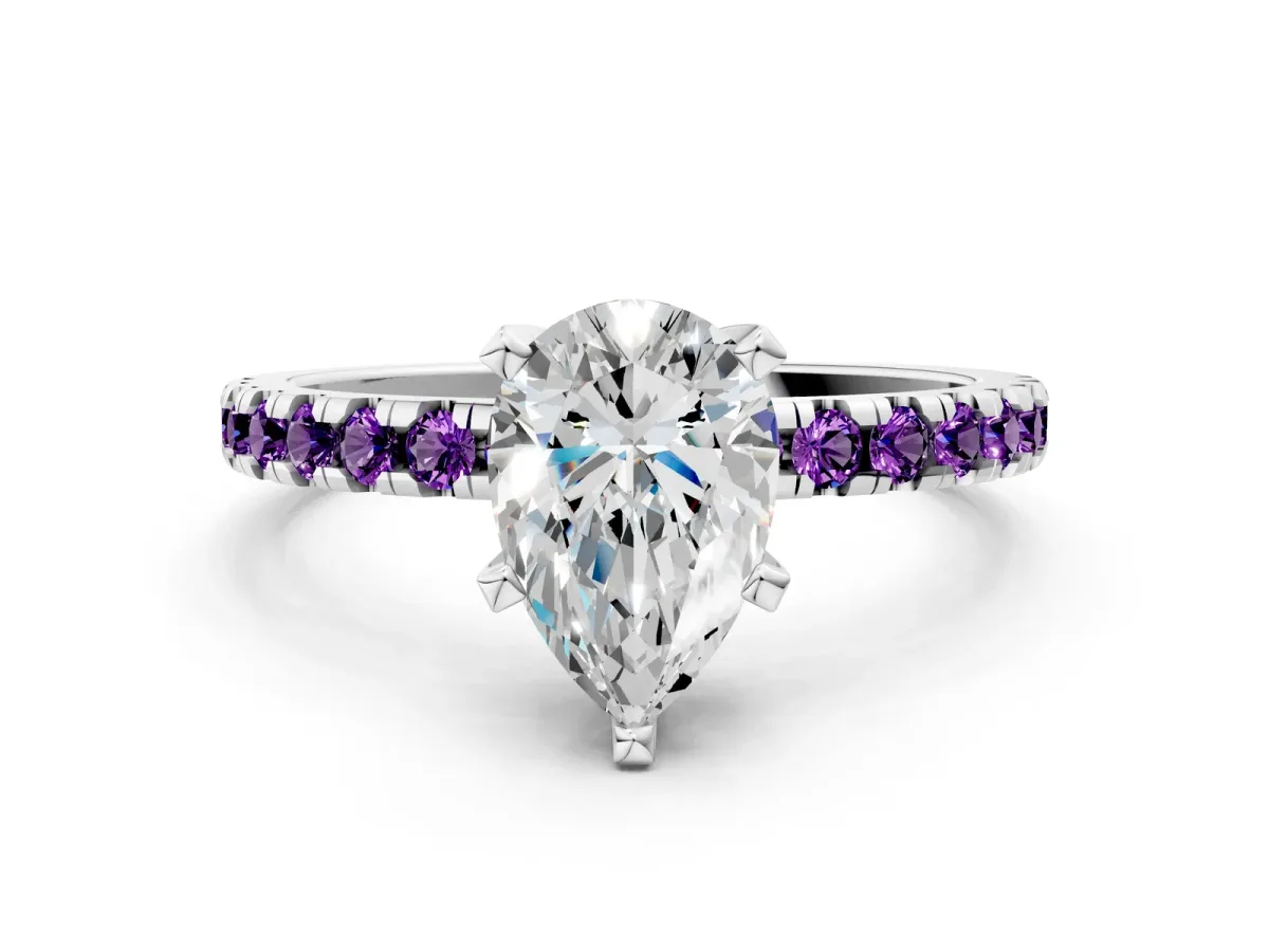 Pear Cut Diamond Solitaire Ring with Round Amethyst Pavé Band and Four-Prong Setting Silver