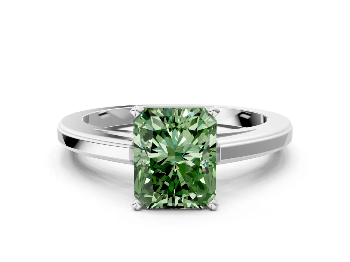 Fancy Green Radiant Cut Solitaire Diamond Ring with Four-Prong Setting and Classic Band Platinum
