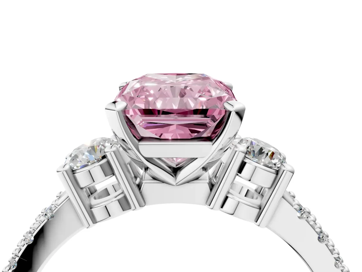 Fancy Pink Radiant Cut Cut Three-Stone Diamond Pavé Band with Prong Setting Platinum