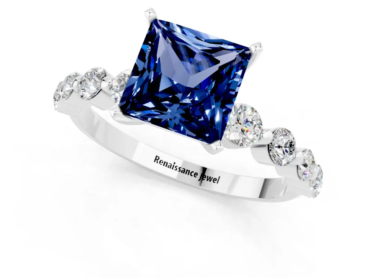Princess Cut Solitaire Blue Sapphire Ring with Pave Band and Four-Prong Setting Silver