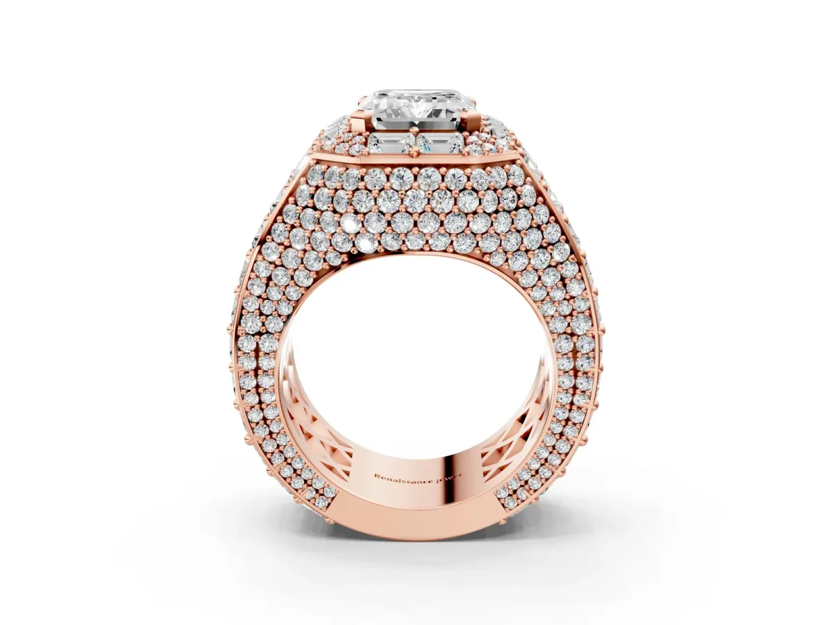 Emerald Cut Diamond Pavé Statement Mens Ring with Baguette Accents Rose gold