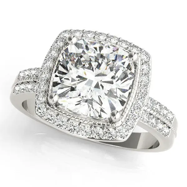 Cushion Cut Diamond Double Halo Ring with Split Shank and Four-Prong Setting Platinum