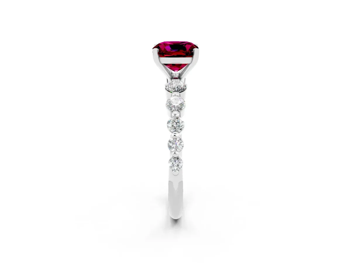 Cushion Cut Solitaire Garnet Ring with Pave Band and Four-Prong Setting Platinum