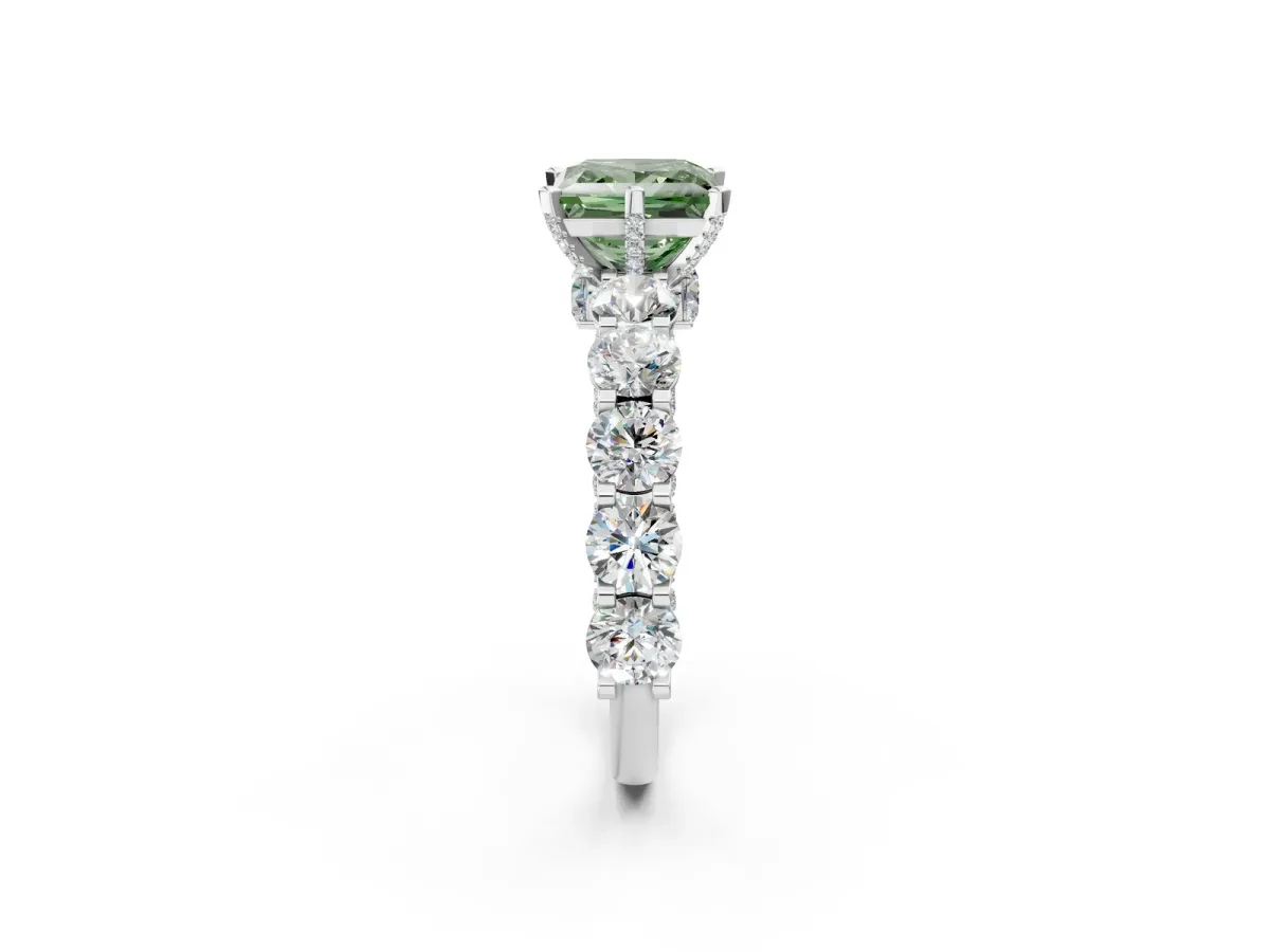 Fancy Green Princess Cut Diamond Side Stone Engagement Ring with Four-Prong Setting White gold