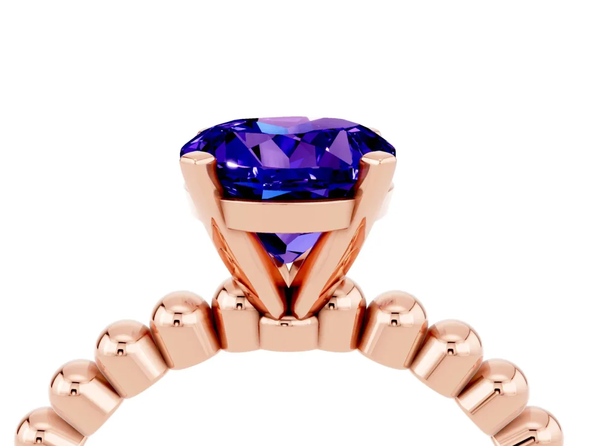Round Cut Tanzanite Solitaire Ring with Beaded Band and Prong Setting Rose gold