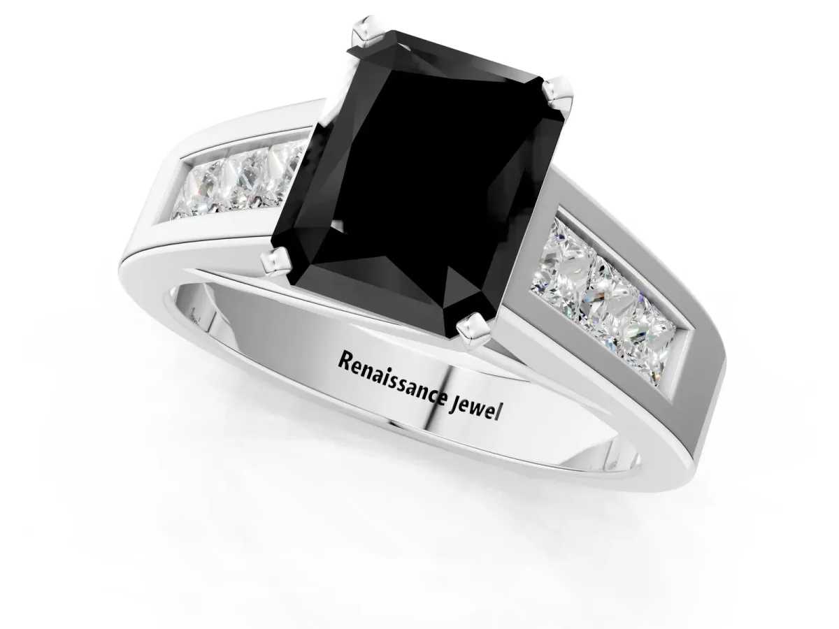 Fancy Black Radiant Cut Cut Channel Set Solitaire Ring with Four-Prong Setting White gold
