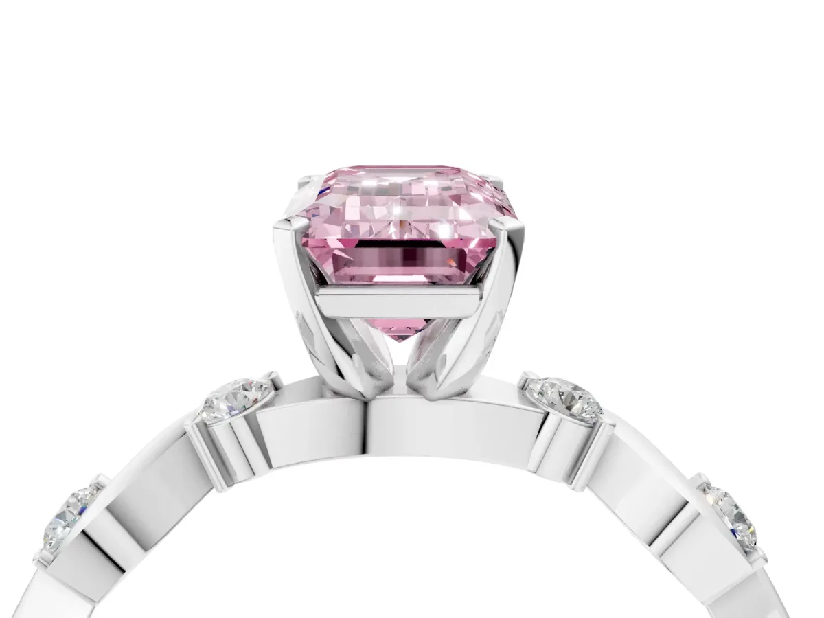 Fancy Pink Emerald Cut Diamond Solitaire Twisted Band with Round Accents and Prong Setting Silver