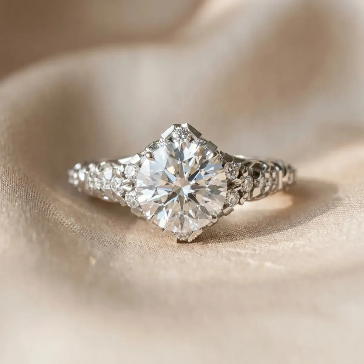 Round Cut Diamond Solitaire Ring with Hidden Halo and Pavé Band Silver