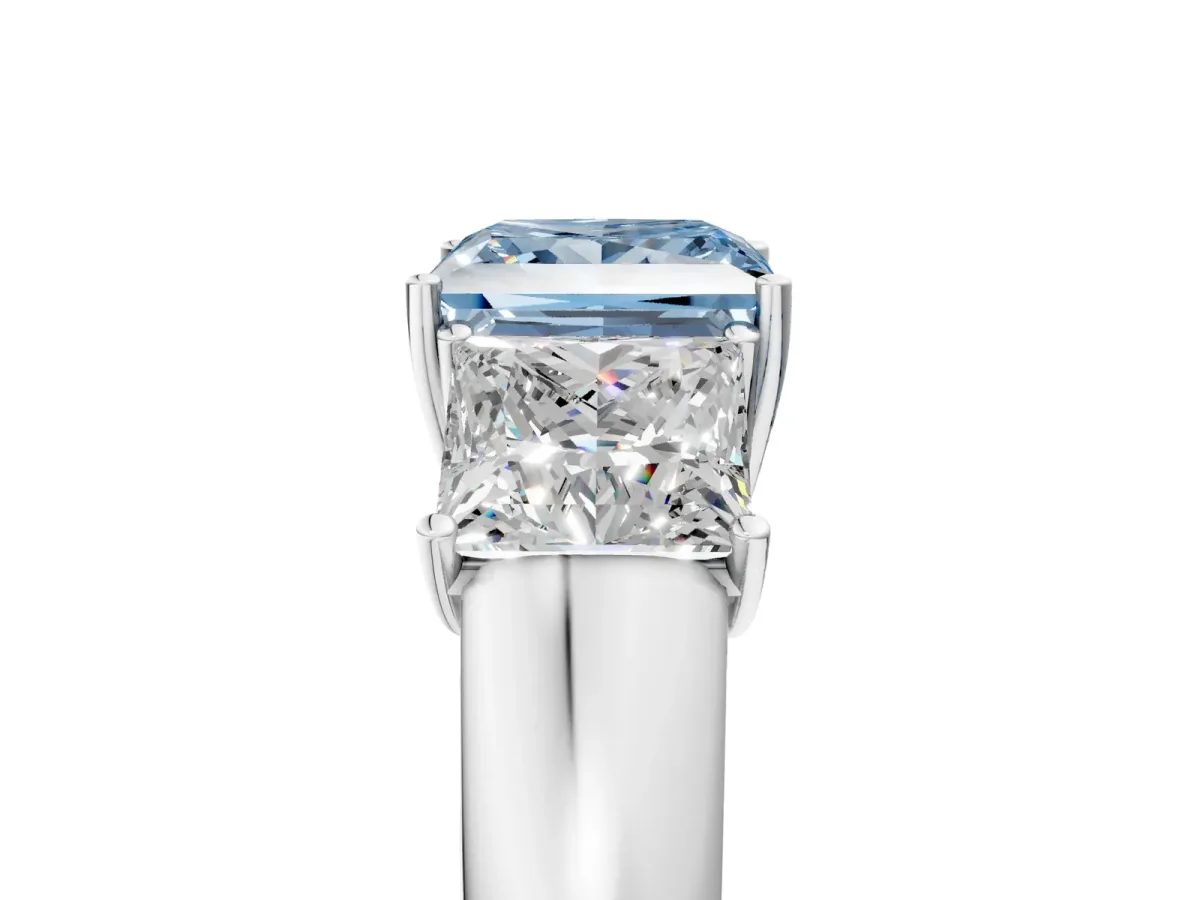 Fancy Blue Three-Stone Princess Cut Cut Diamond Ring with Prong Setting and Classic Band White gold