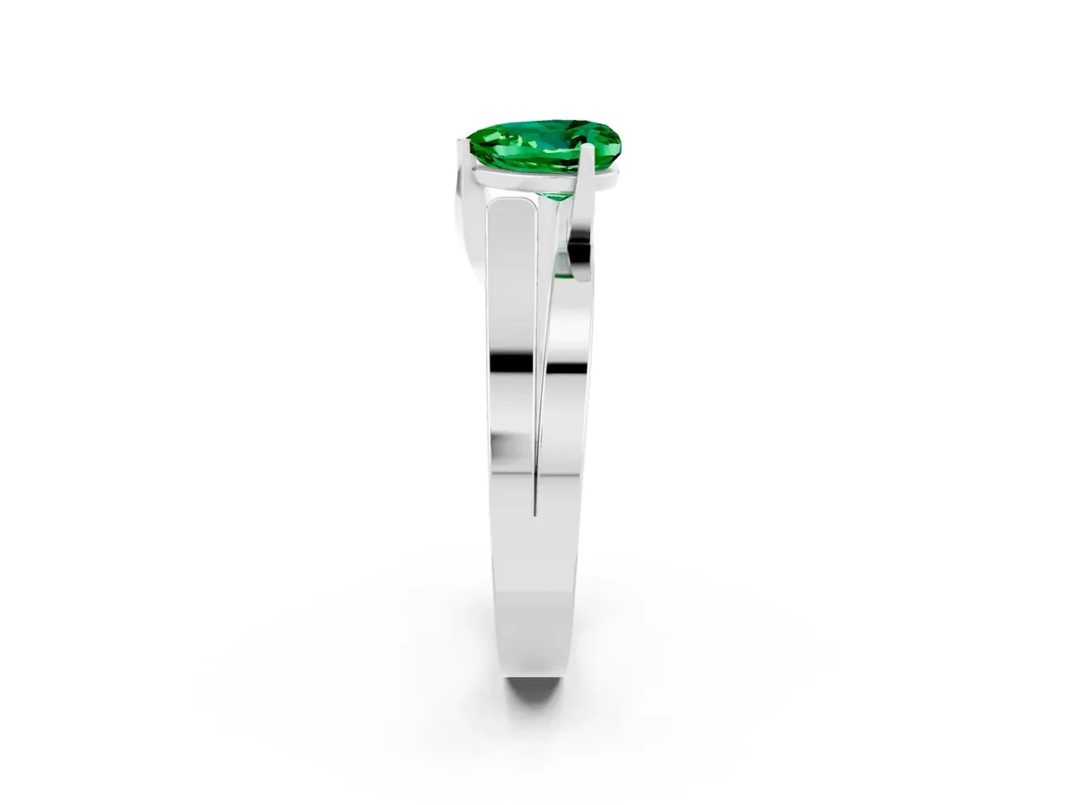 Modern Tension Set Heart Cut Emerald Solitaire Wide Band Ring Platinum