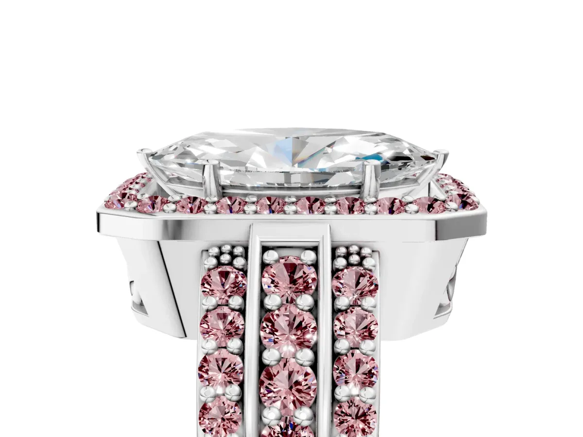 Marquise Cut Halo Diamond Ring with Round Morganite Split Shank and Prong Setting Silver