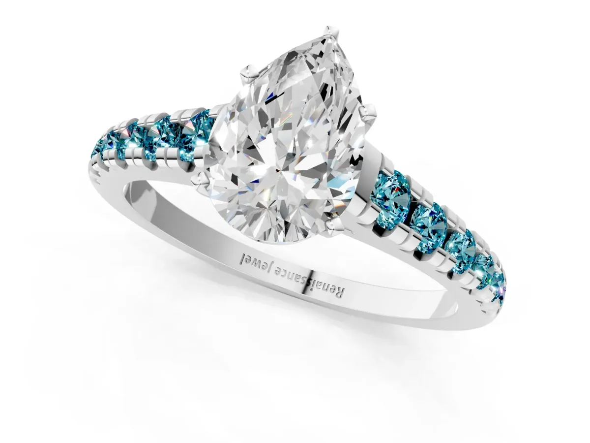Pear Cut Diamond Cathedral Solitaire Ring with Round Blue Topaz Pavé Band Silver