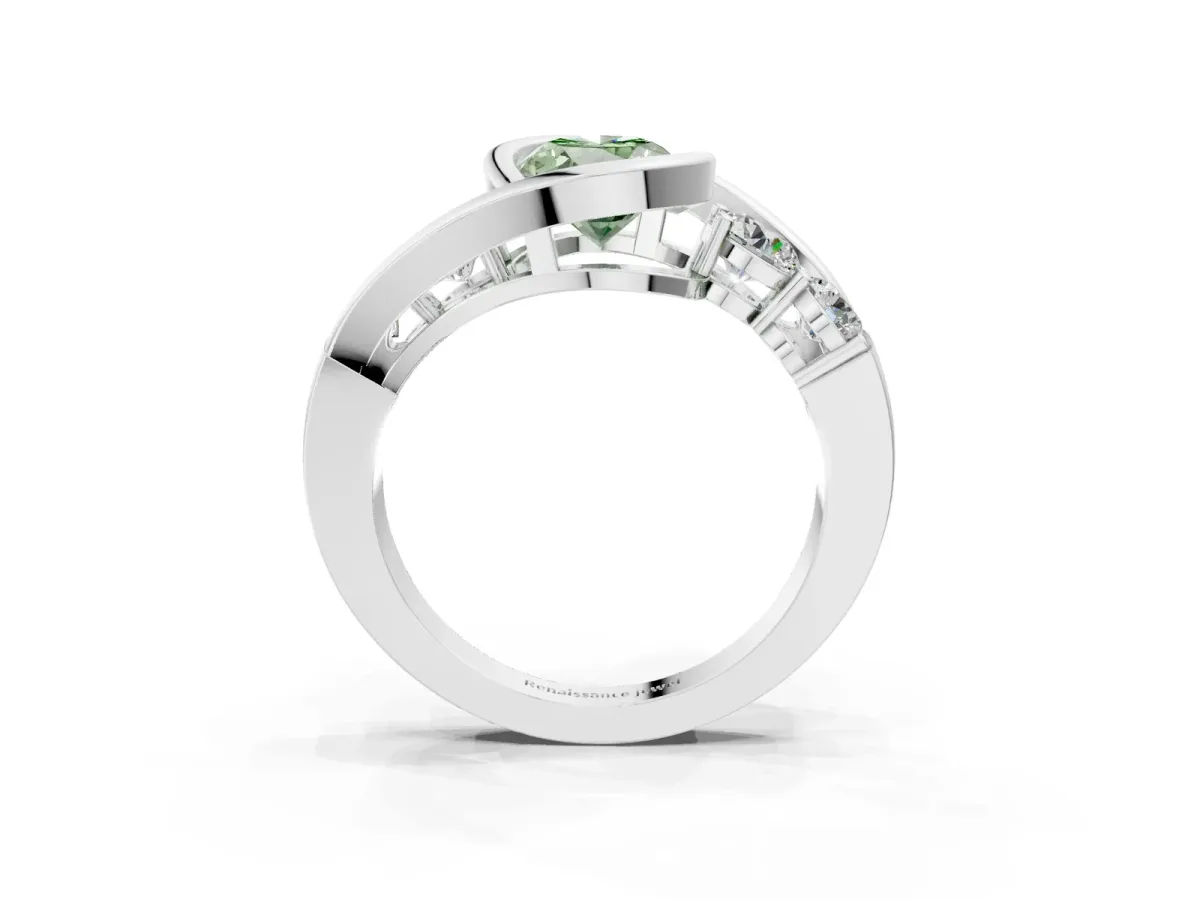 Fancy Green Bezel Set Oval Cut Diamond Bypass Ring with Round Accents Platinum