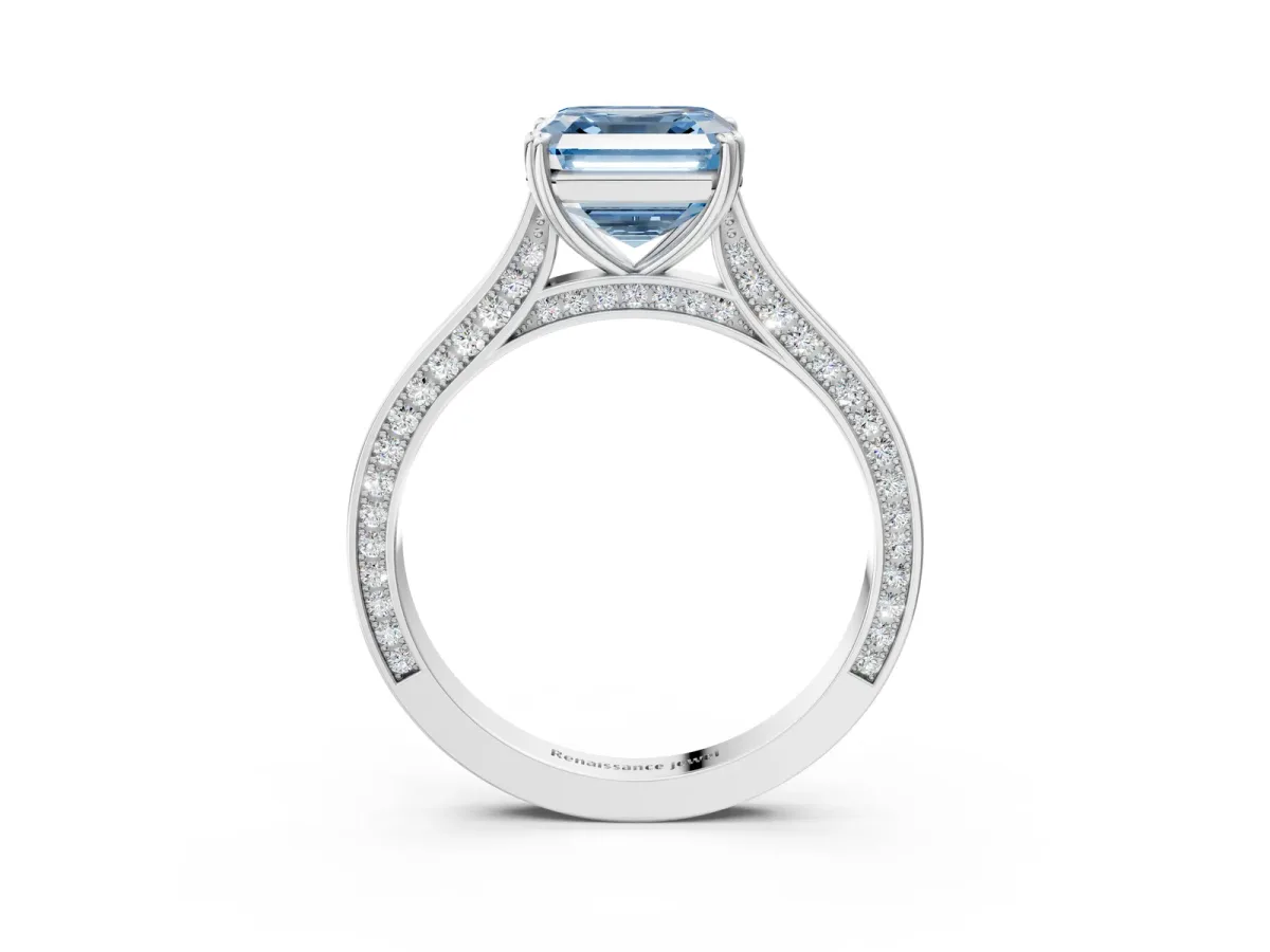 Fancy Blue Asscher Cut Diamond Solitaire with Pave Band and Six-Prong Setting Platinum