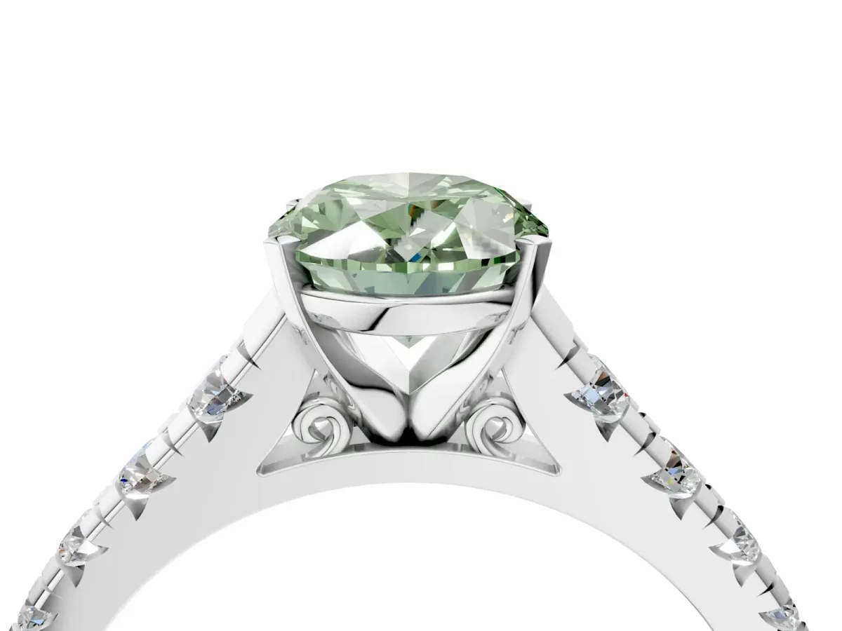 Fancy Green Oval Cut Diamond Cathedral Solitaire Ring with Round Pavé Band Silver