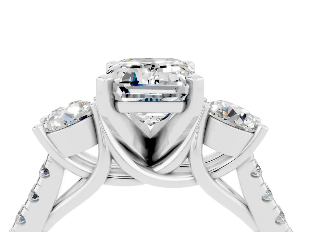 Three-Stone Emerald Cut Moissanite Pavé Band with Four-Prong Setting Silver