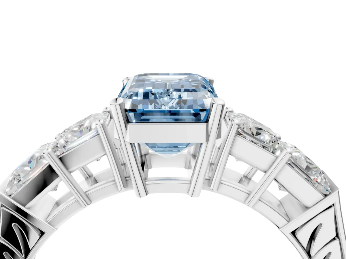 Fancy Blue Emerald Cut Solitaire Princess Side Stone Engraved Band Prong Setting Ring White gold