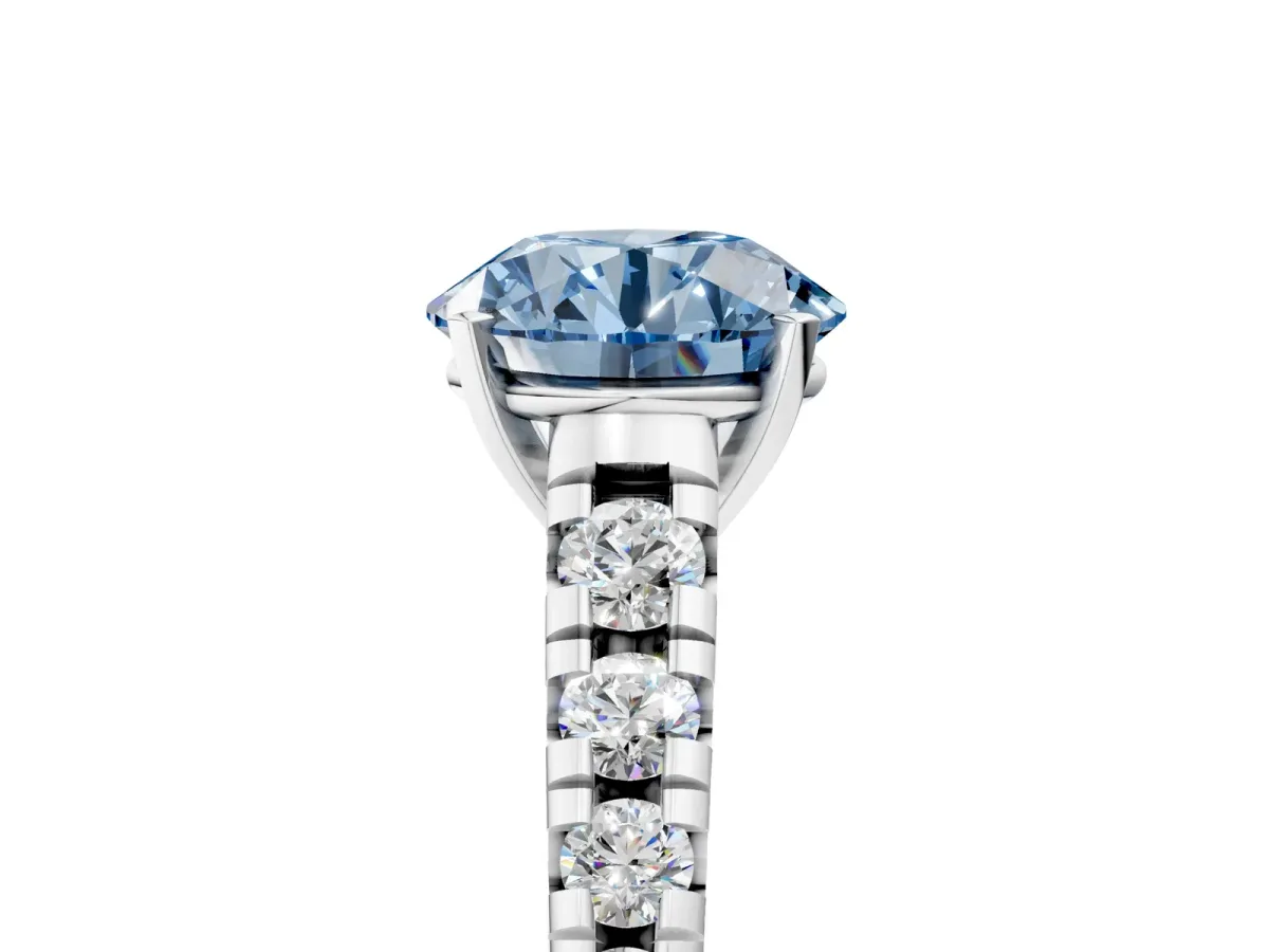 Fancy Blue Round Cut Diamond Cathedral Solitaire Ring with Round Pavé Band Platinum