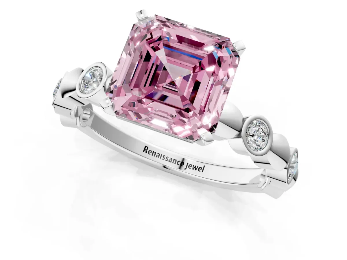Fancy Pink Asscher Cut Solitaire Bezel-Set Diamond Ring with Beaded Band and Four-Prong Setting Platinum
