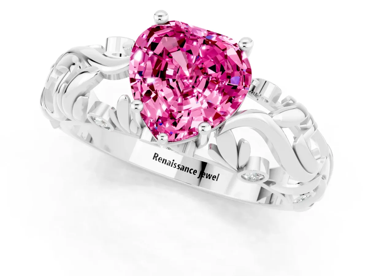Heart Cut Solitaire Pink Sapphire Leaf-Inspired Vine Band Ring with Prong Setting Platinum