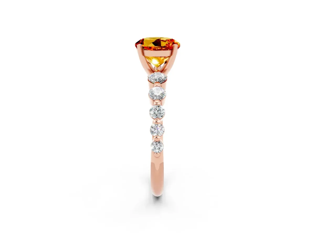 Round Cut Solitaire Citrine Ring with Pave Band and Four-Prong Setting Rose gold