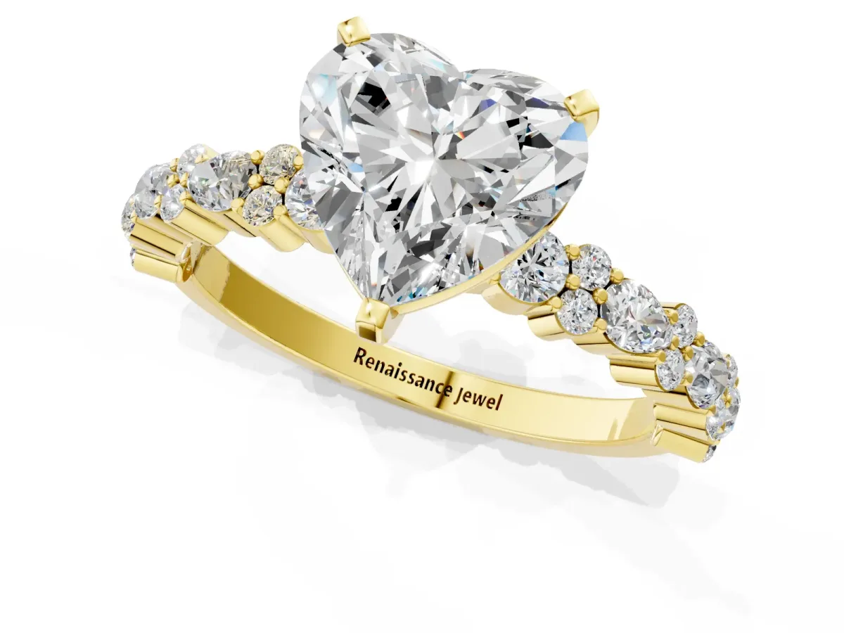 Heart Cut Diamond Side Stone Solitaire Ring with Round and Four-Prong Setting Yellow gold