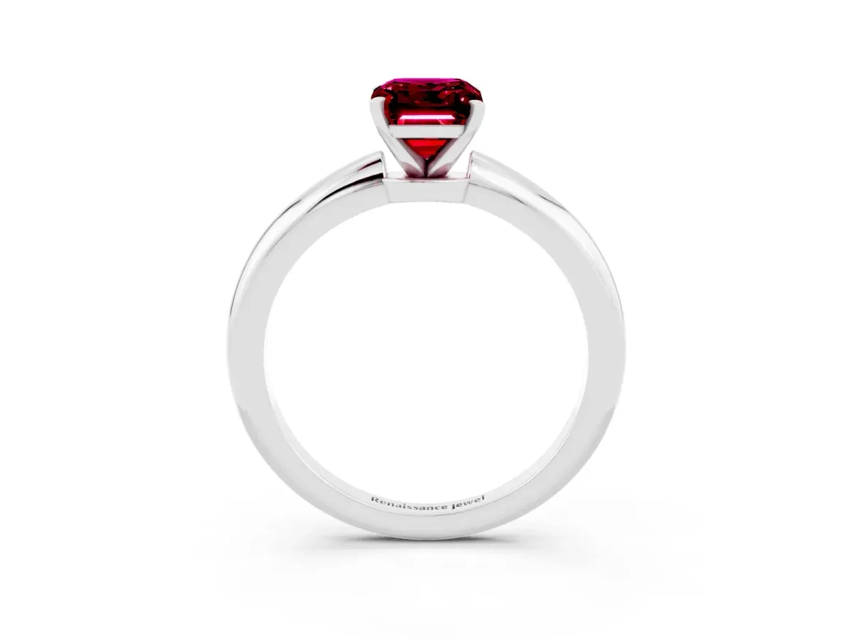 Emerald Cut Garnet Solitaire Ring with Six-Prong Setting and Classic Band White gold
