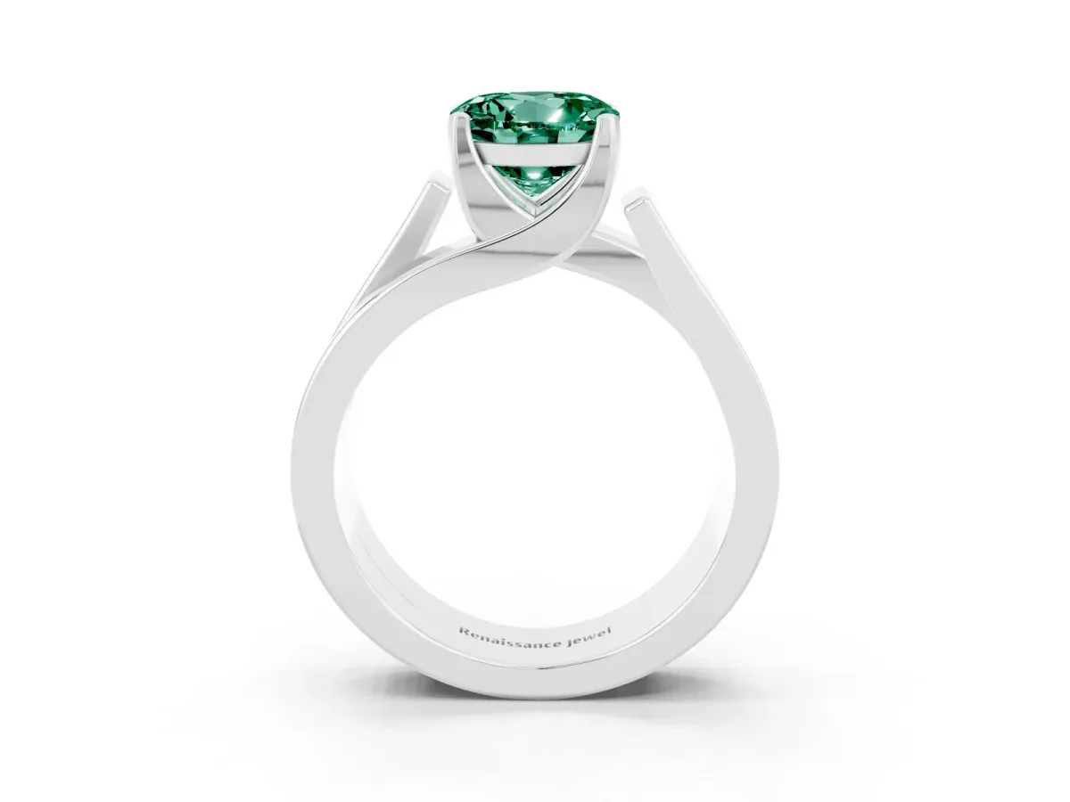 Modern Tension Set Round Cut Green Sapphire Solitaire Wide Band Ring Silver