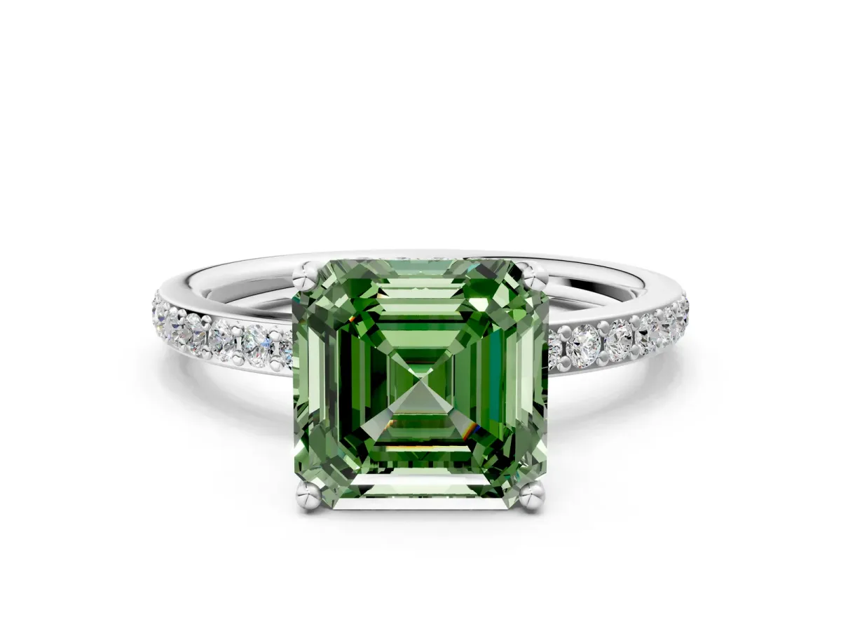 Fancy Green Asscher Cut Cut Diamond Pavé Band Ring with Four-Prong Setting Platinum