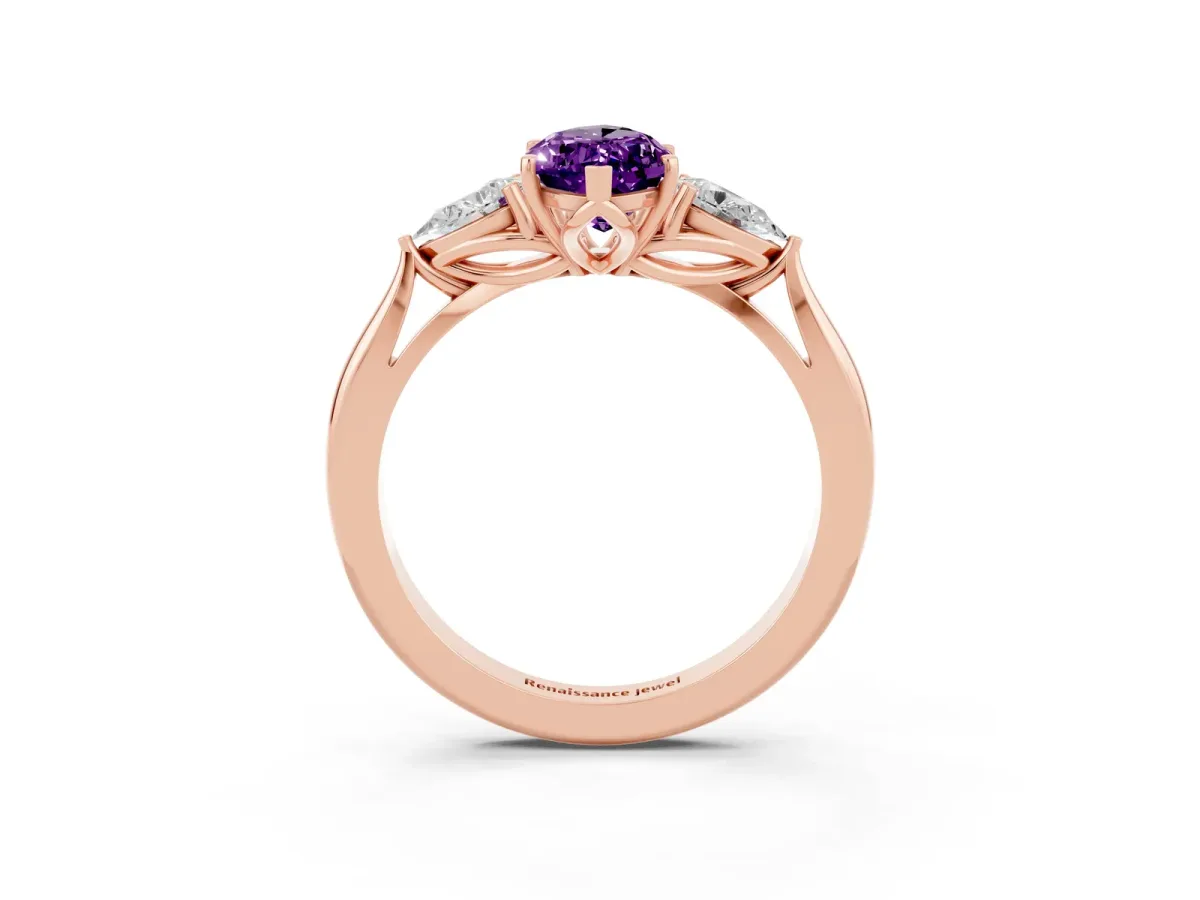 Marquise Cut Amethyst Three-Stone Ring with Pear Side Stones and Prong Setting Rose gold