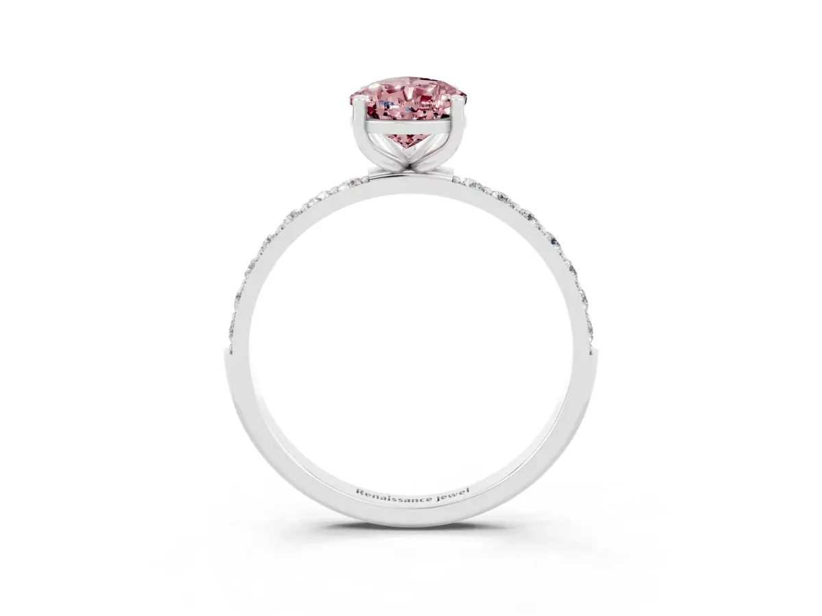 Pear Cut Morganite Solitaire Ring with Round Pavé Band and Prong Setting Platinum