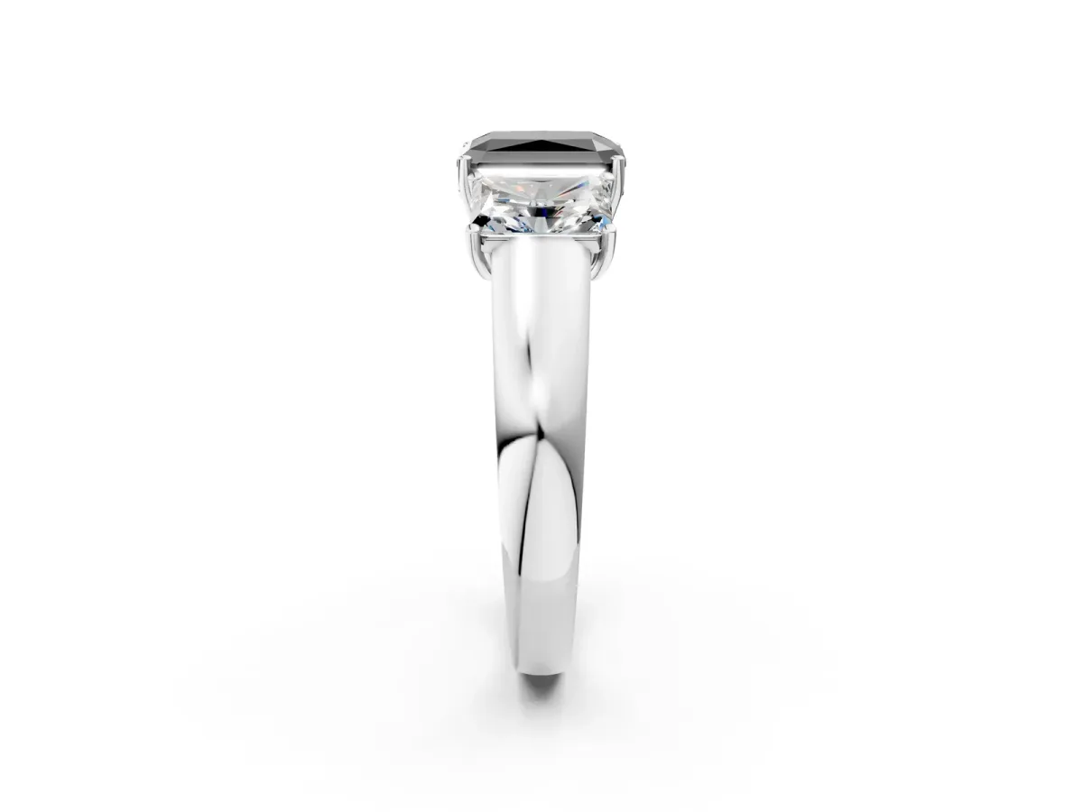 Fancy Black Three-Stone Radiant Cut Cut Diamond Ring with Prong Setting and Classic Band Platinum