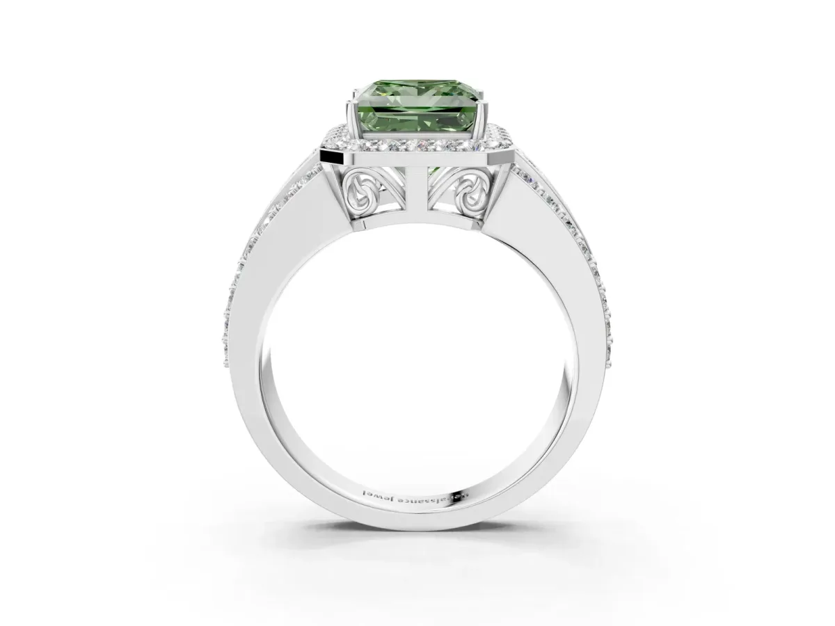 Fancy Green Princess Cut Halo Diamond Ring with Round Split Shank and Prong Setting Silver