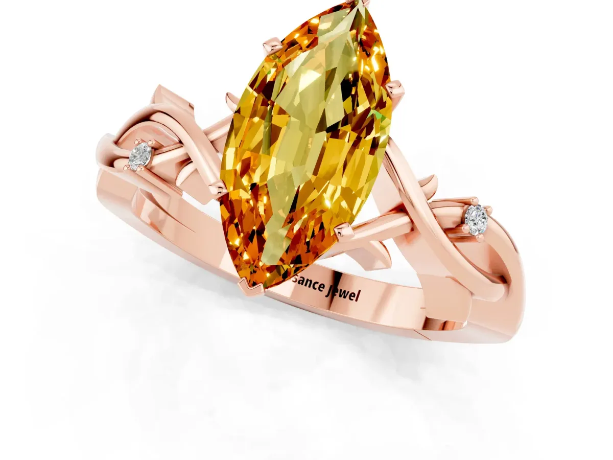 Marquise Cut Citrine Solitaire Ring with Twisted Band and Prong Setting Rose gold