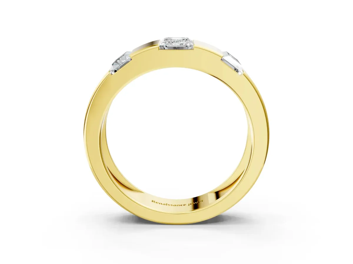 Emerald Cut Diamond Three-Stone Mens Ring with Baguette Side Stones Yellow gold