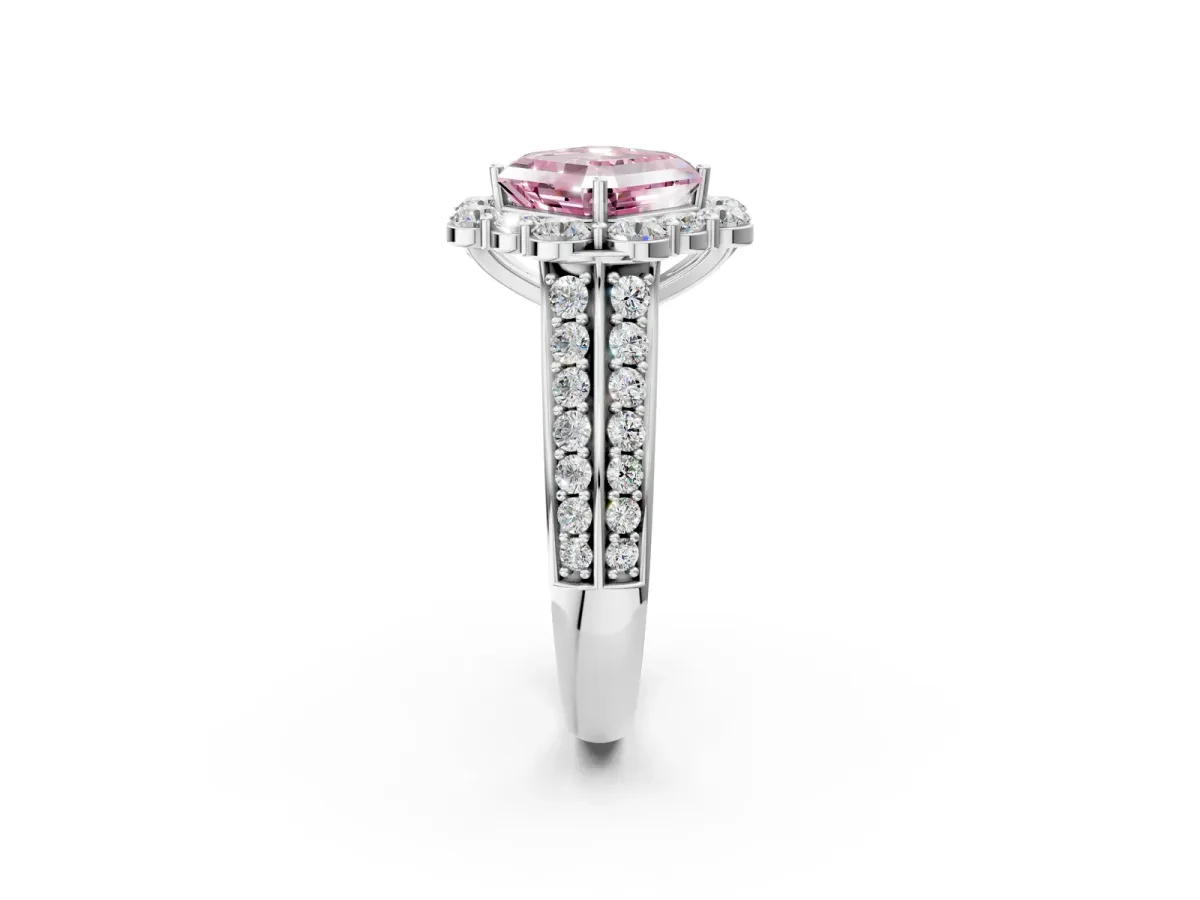 Fancy Pink Asscher Cut Halo Diamond Engagement Ring with Split Shank and Prong Setting Platinum