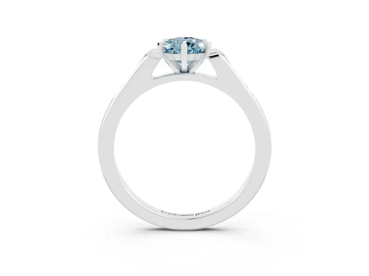 Pear Cut Aquamarine Solitaire Ring with Channel Set Round Band and Prong Setting Silver