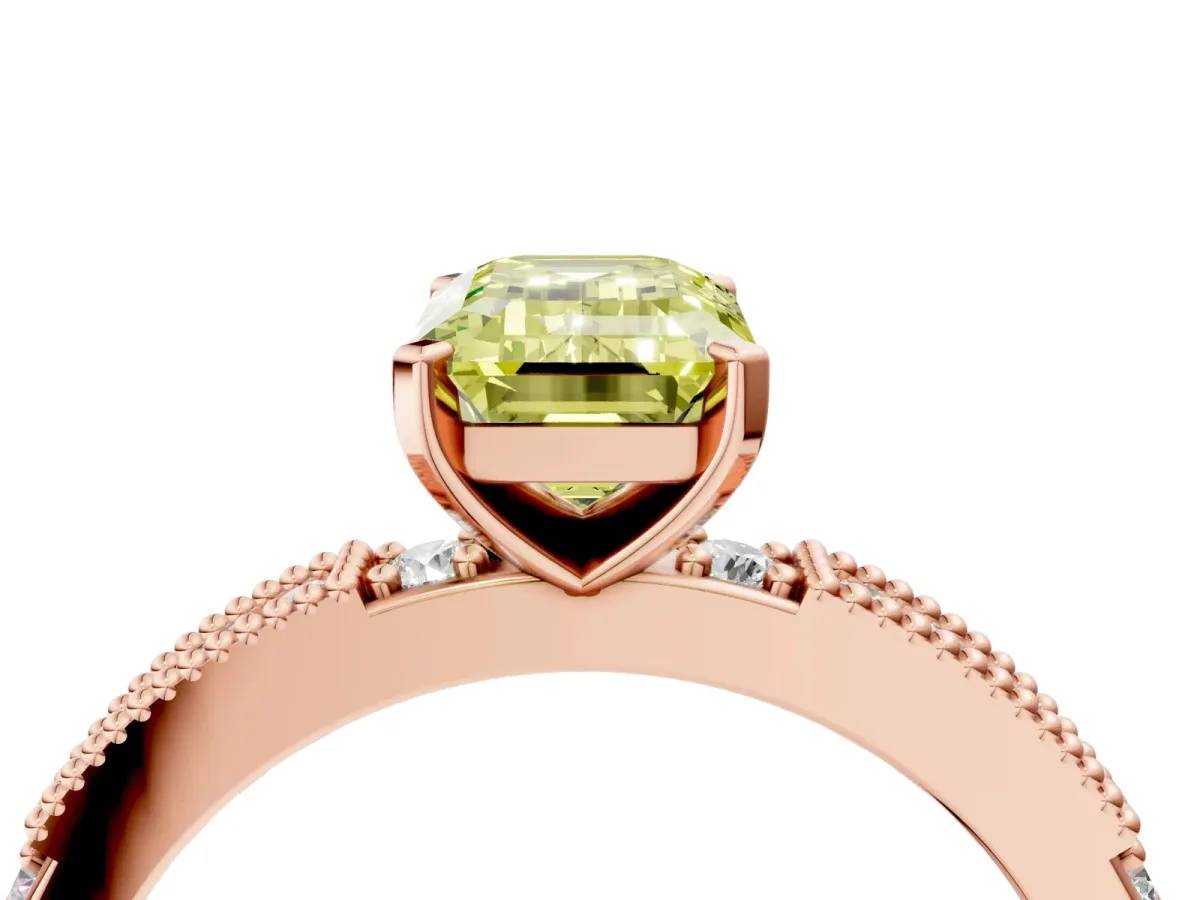 Fancy Yellow Emerald Cut Solitaire with Pavé Band and Four-Prong Setting Rose gold