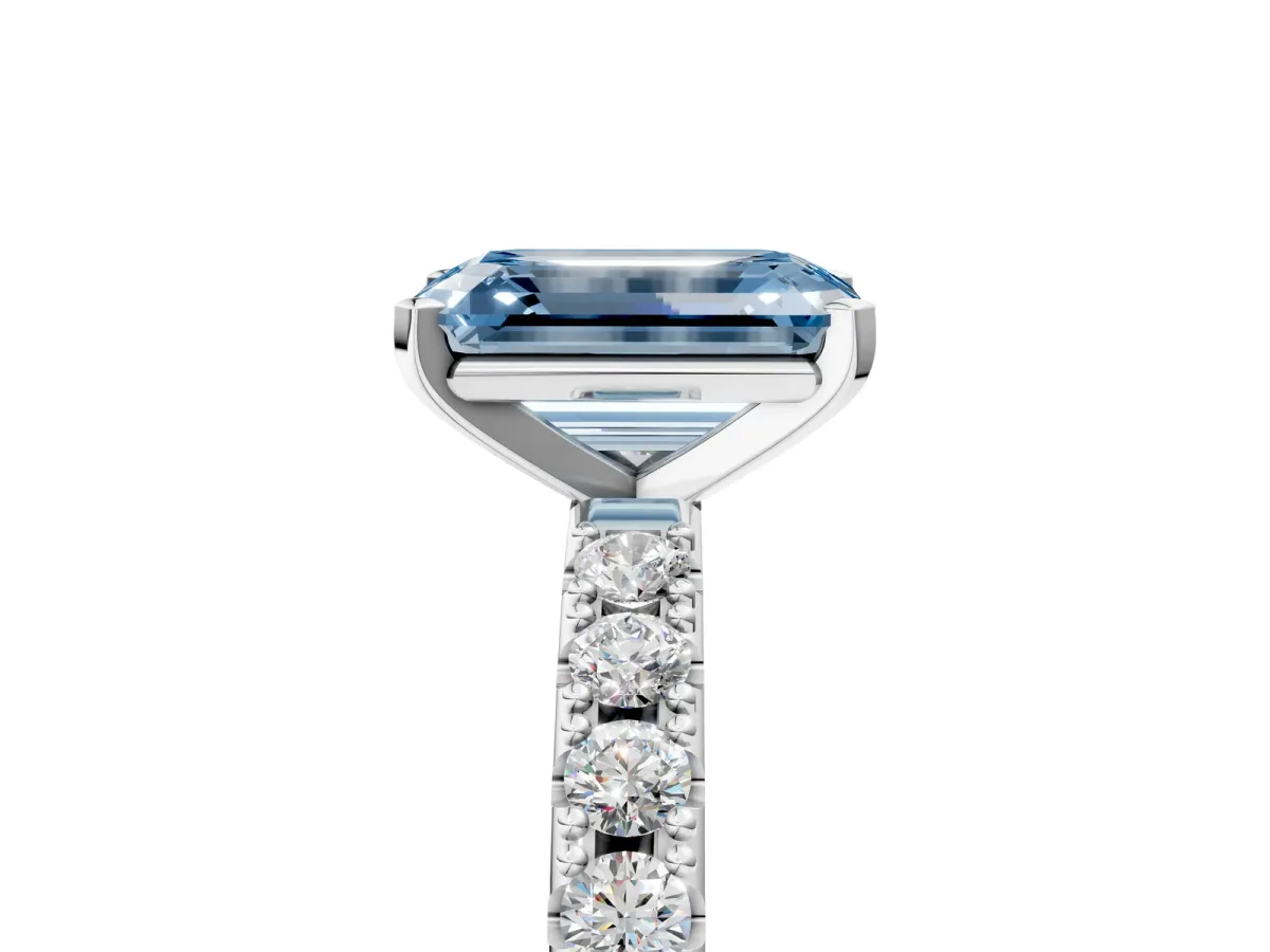 Fancy Blue Emerald Cut Diamond Solitaire Pavé Band with Four-Prong Setting Platinum