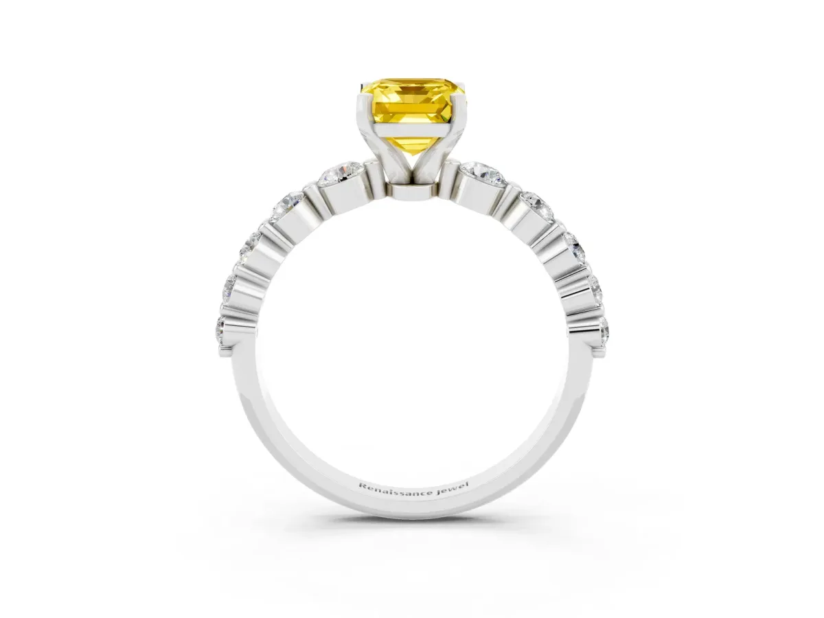 Emerald Cut Solitaire Yellow Sapphire Ring with Pave Band and Four-Prong Setting Silver