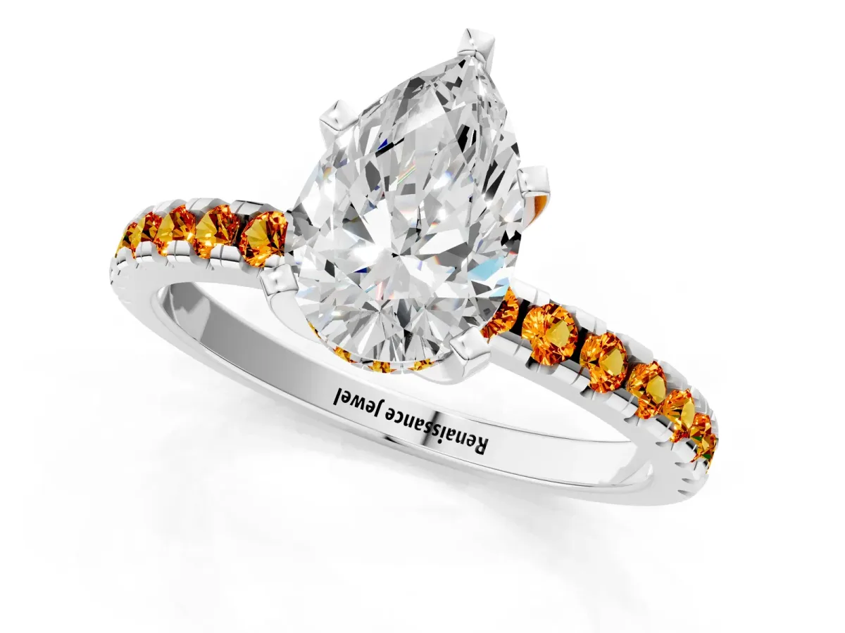 Pear Cut Diamond Solitaire Ring with Round Citrine Pavé Band and Four-Prong Setting Silver
