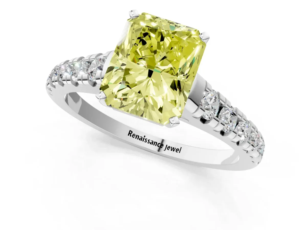 Fancy Yellow Radiant Cut Diamond Cathedral Solitaire Ring with Round Pavé Band Silver