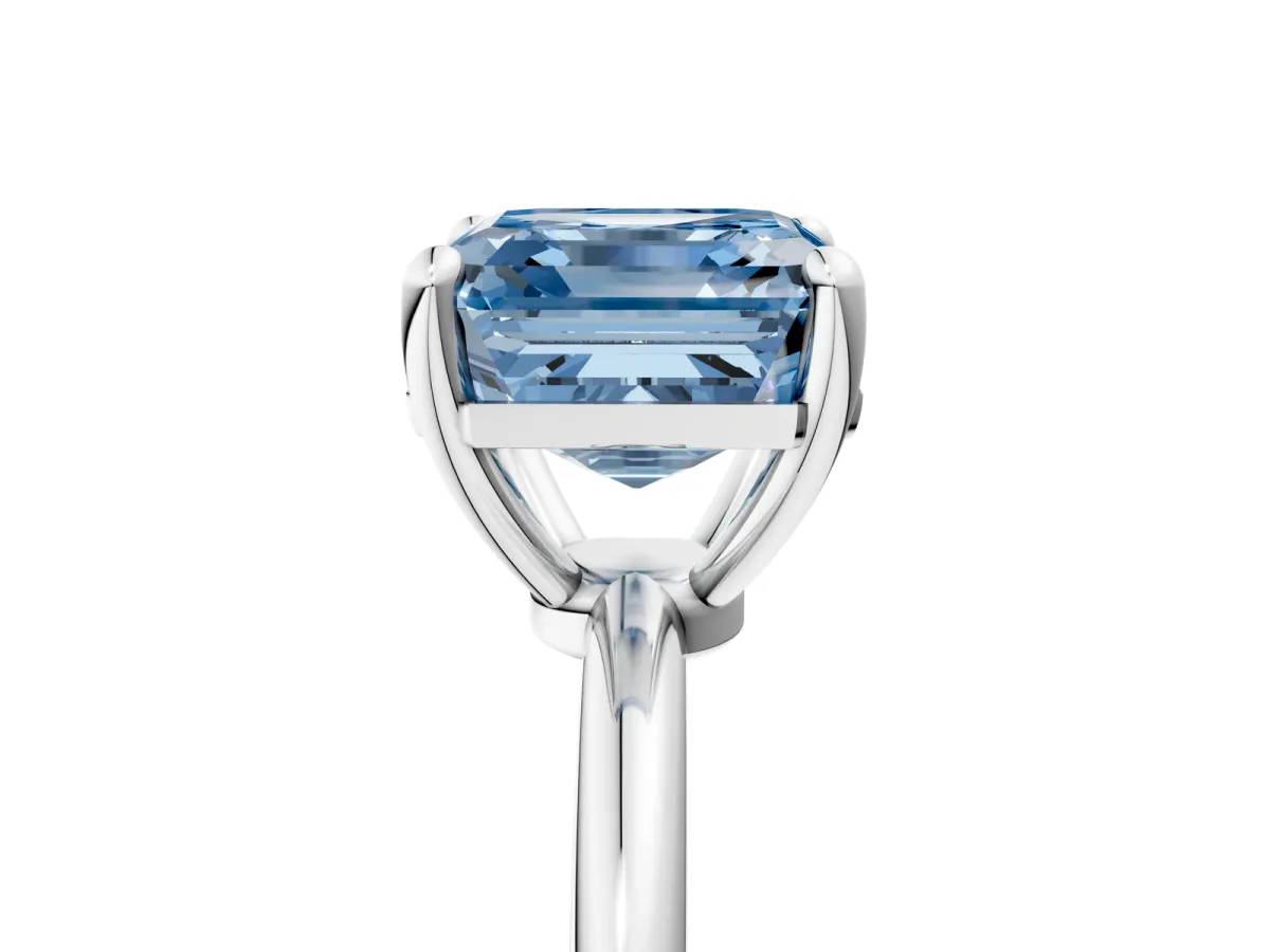 Fancy Blue Asscher Cut Solitaire Diamond Ring with 4-Prong Setting on a Classic Band White gold