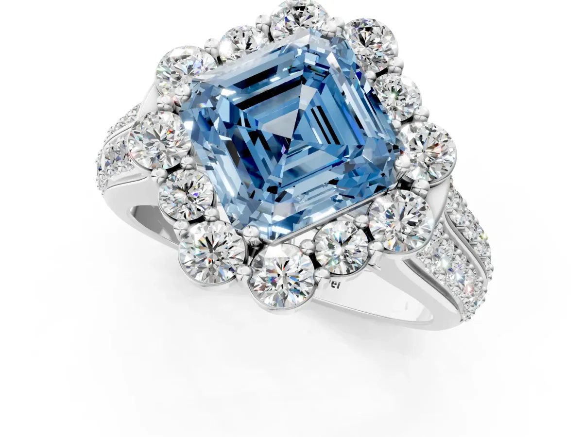 Fancy Blue Asscher Cut Halo Diamond Engagement Ring with Split Shank and Prong Setting Platinum