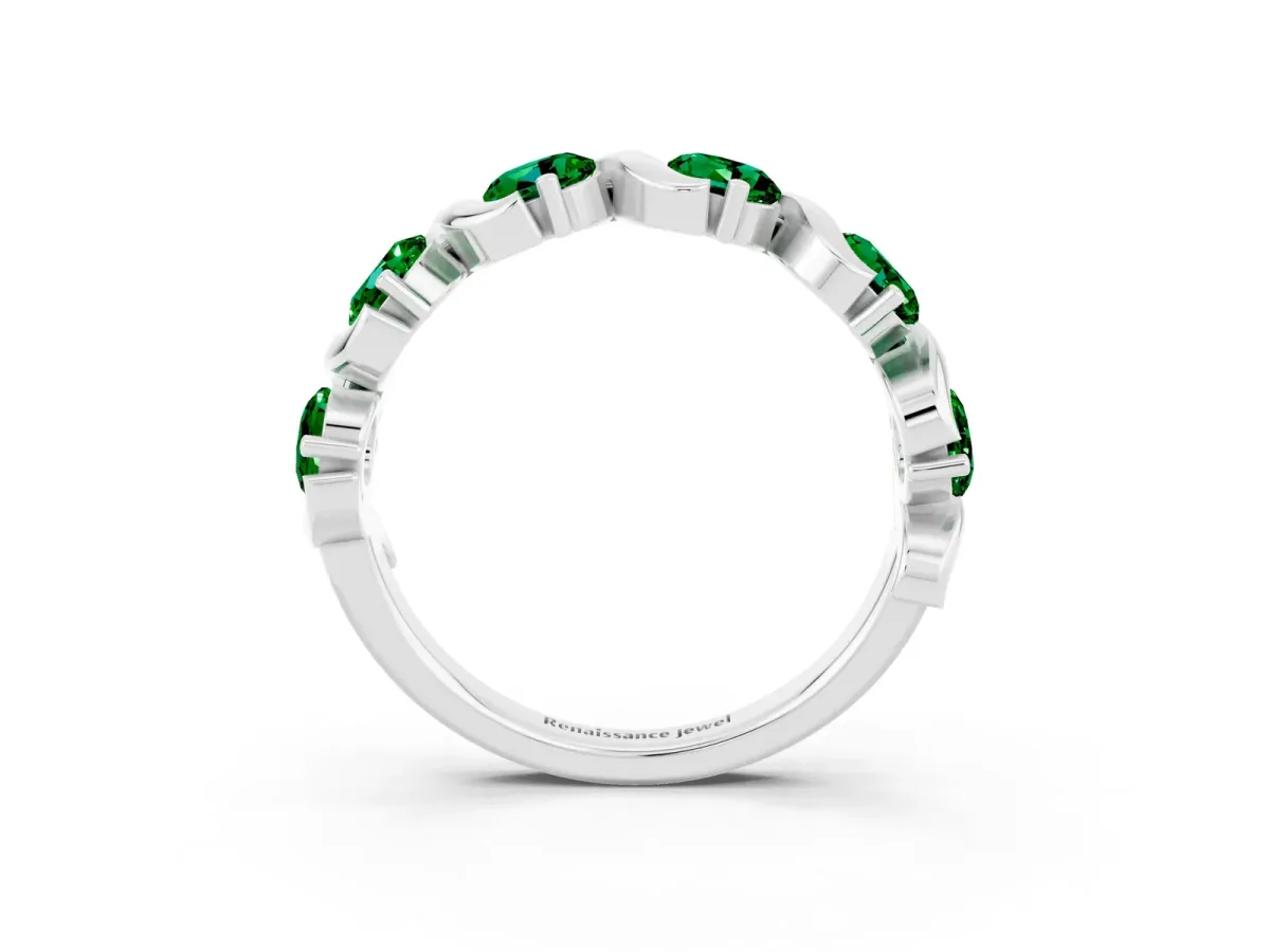 Round Emerald Half Eternity Band with Wave Prong Setting White gold