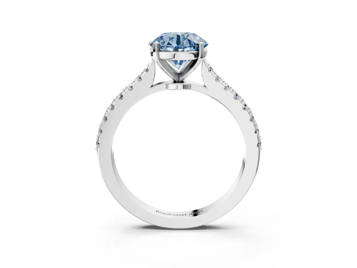 Fancy Blue Asscher Cut Cut Solitaire Diamond Engagement Ring with Pave Band and Four-Prong Setting Silver