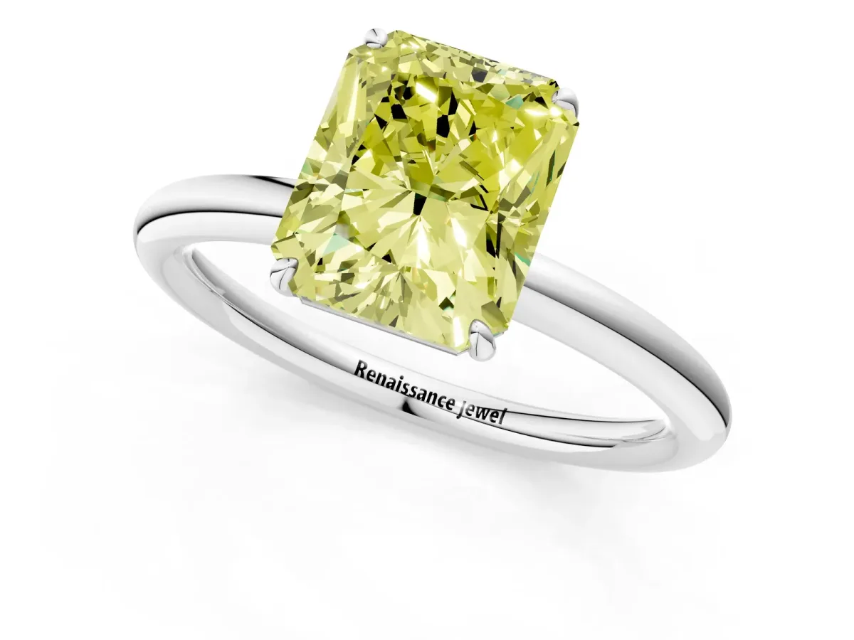Fancy Yellow Radiant Cut Solitaire Diamond Ring with Four-Prong Setting on a Plain Band Platinum