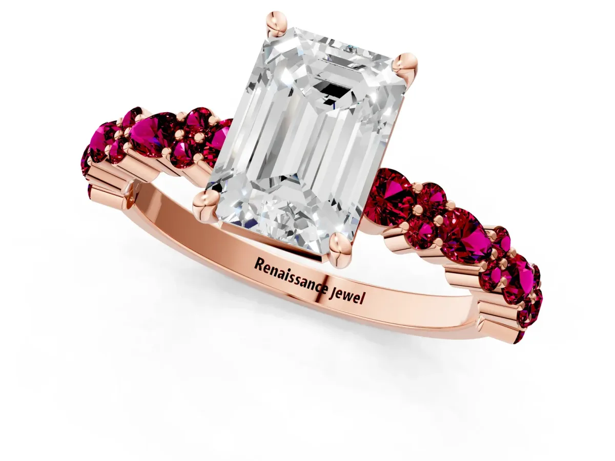 Emerald Cut Diamond Side Stone Solitaire Ring with Round Garnet and Four-Prong Setting Rose gold