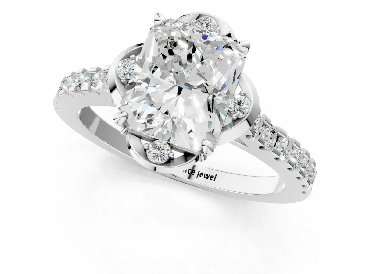 Radiant Cut Diamond Ring with Pavé Band and Floral Prong Setting Platinum